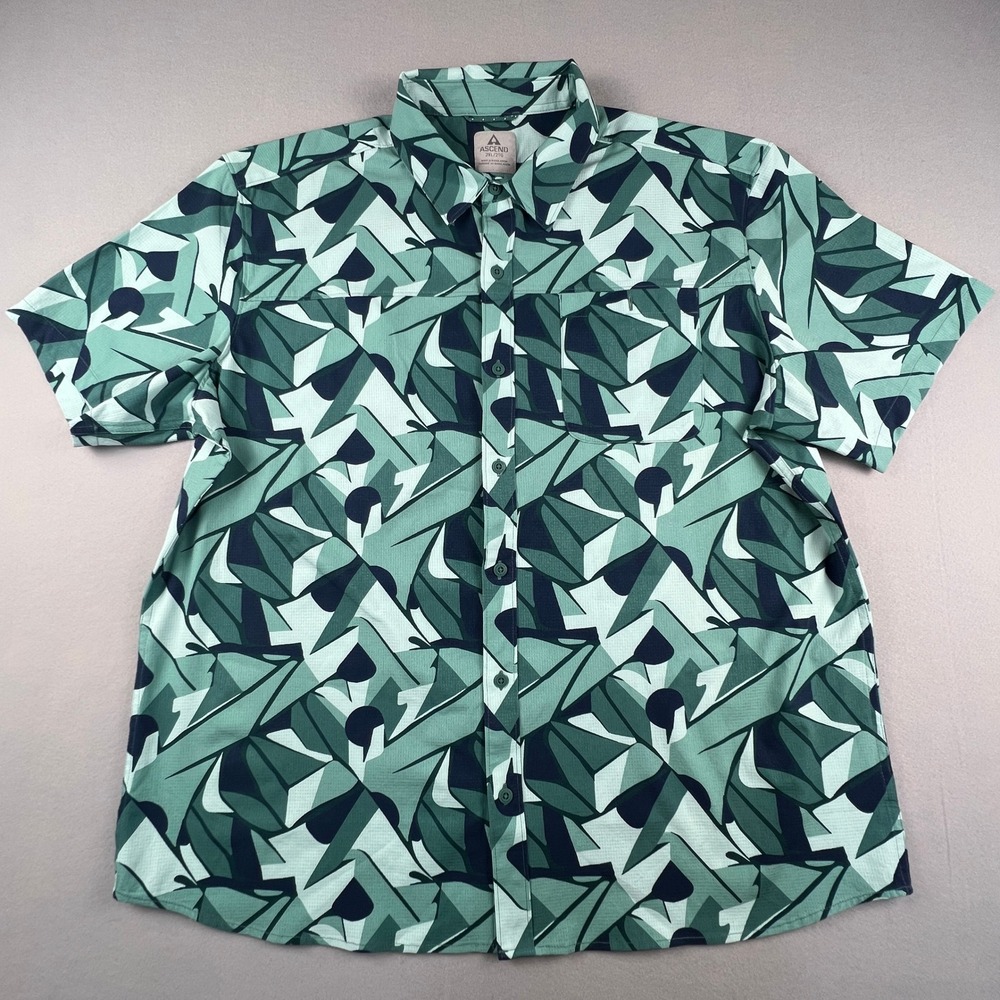 Ascend Button Down Shirt Mens 2XL Green Geometric Leaf Print Hiking Performance